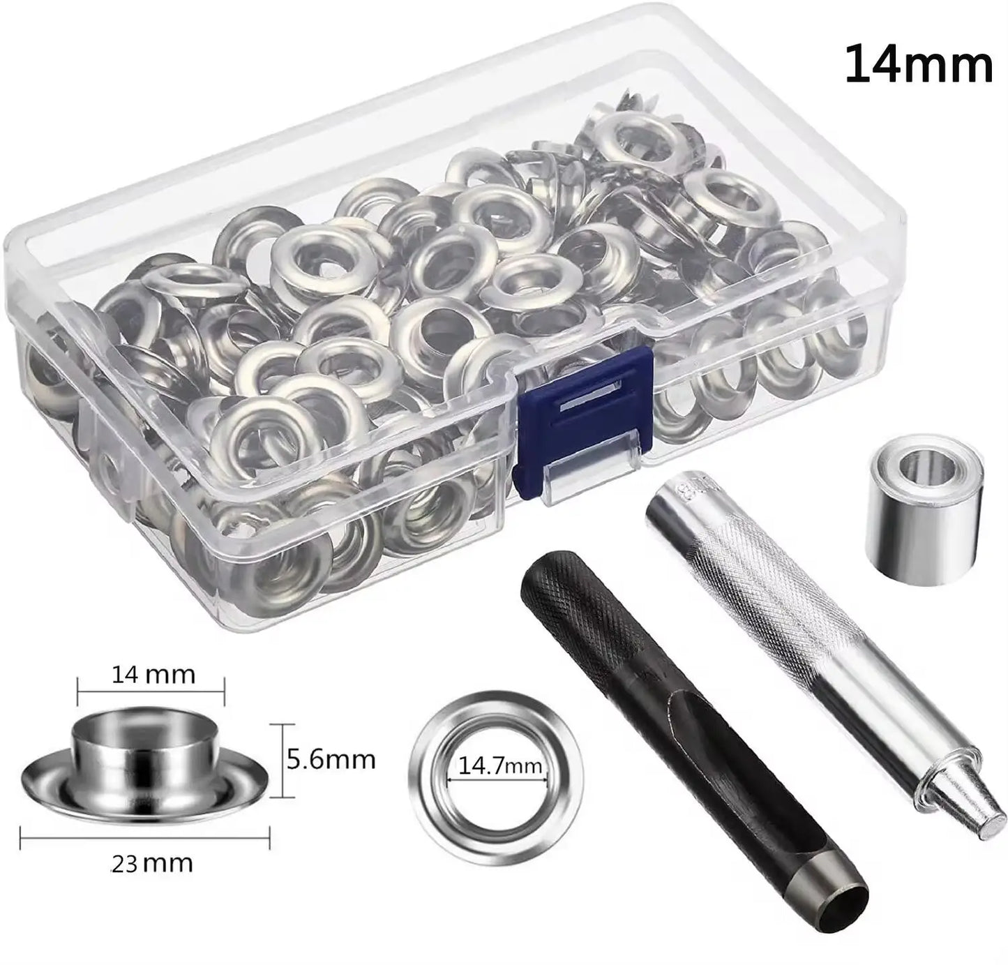 100 Sets Grommet Kit, Size 6/10/12/14Mm, with 3 Eyelet Stamping Tools, for Repairing Canvas, Waterproof Cloth, Shoes, Clothing.