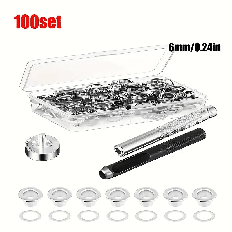 100 Sets Grommet Kit, Size 6/10/12/14Mm, with 3 Eyelet Stamping Tools, for Repairing Canvas, Waterproof Cloth, Shoes, Clothing.