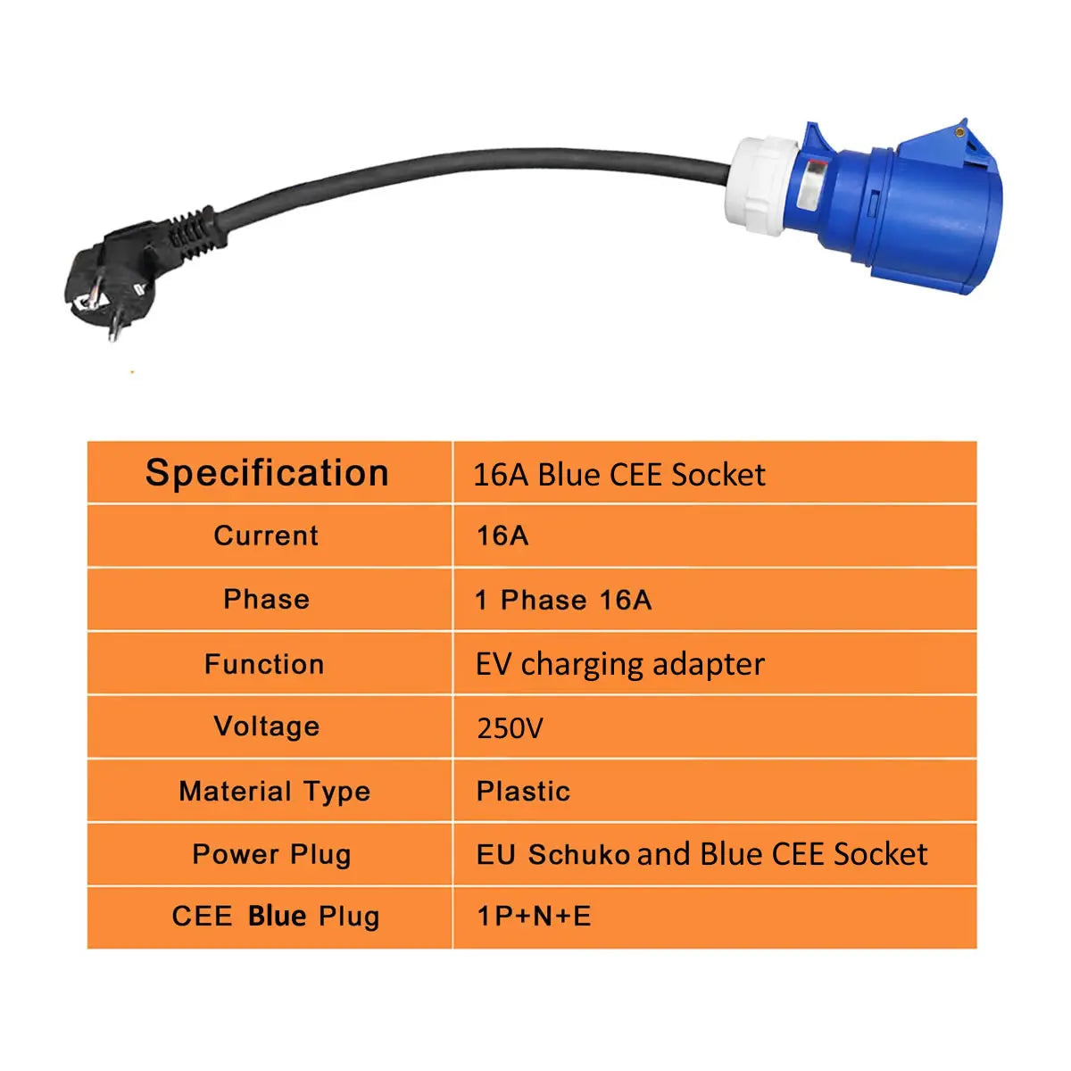 Electric Vehicle Charging Adapter 16A Blue CEE Socket to 16A EU Schuko Plug Adapter for Portable EV Charger