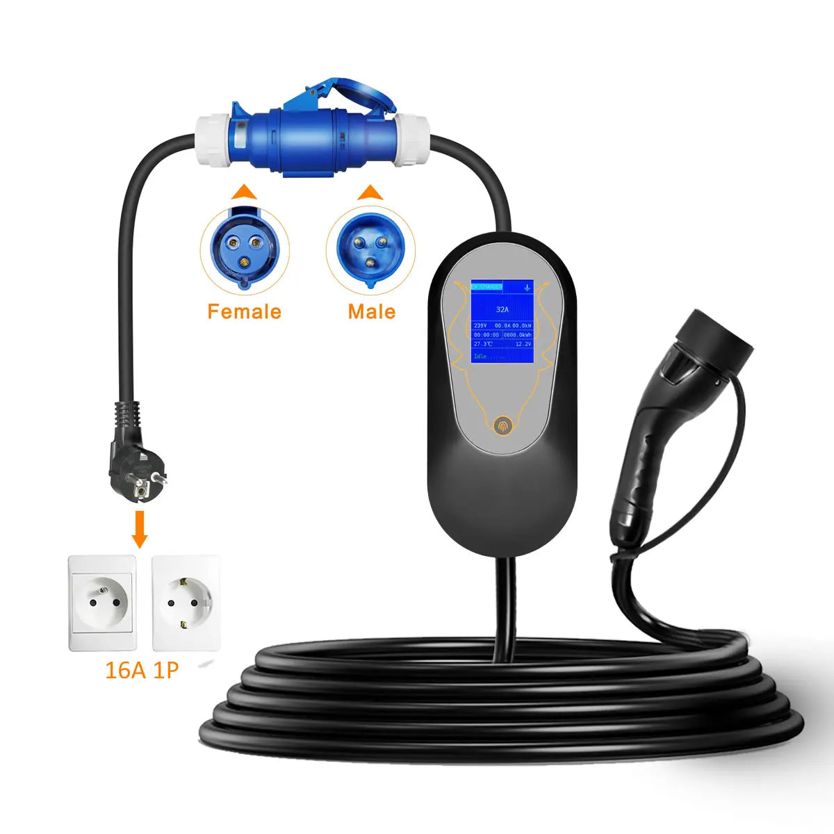 Electric Vehicle Charging Adapter 16A Blue CEE Socket to 16A EU Schuko Plug Adapter for Portable EV Charger