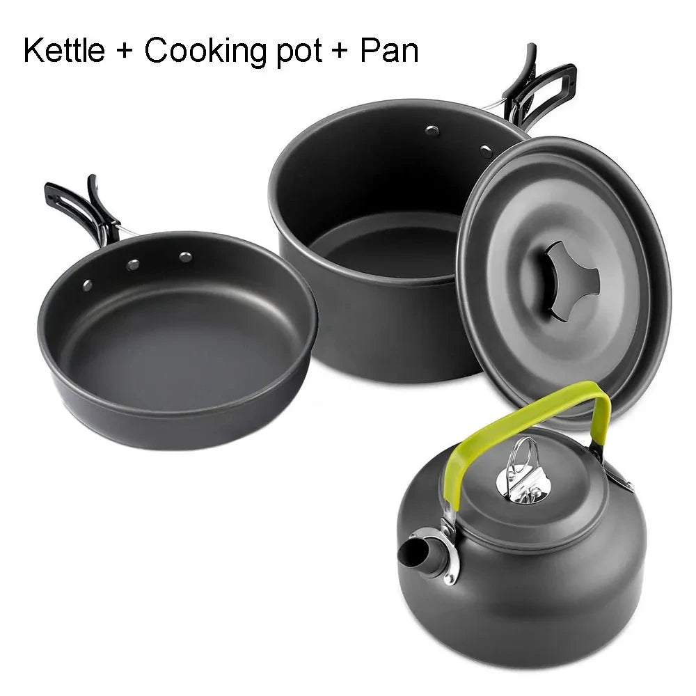 Camping Cookware Set for 2-3 People – Pots with Handles, Teapot, and Cutlery