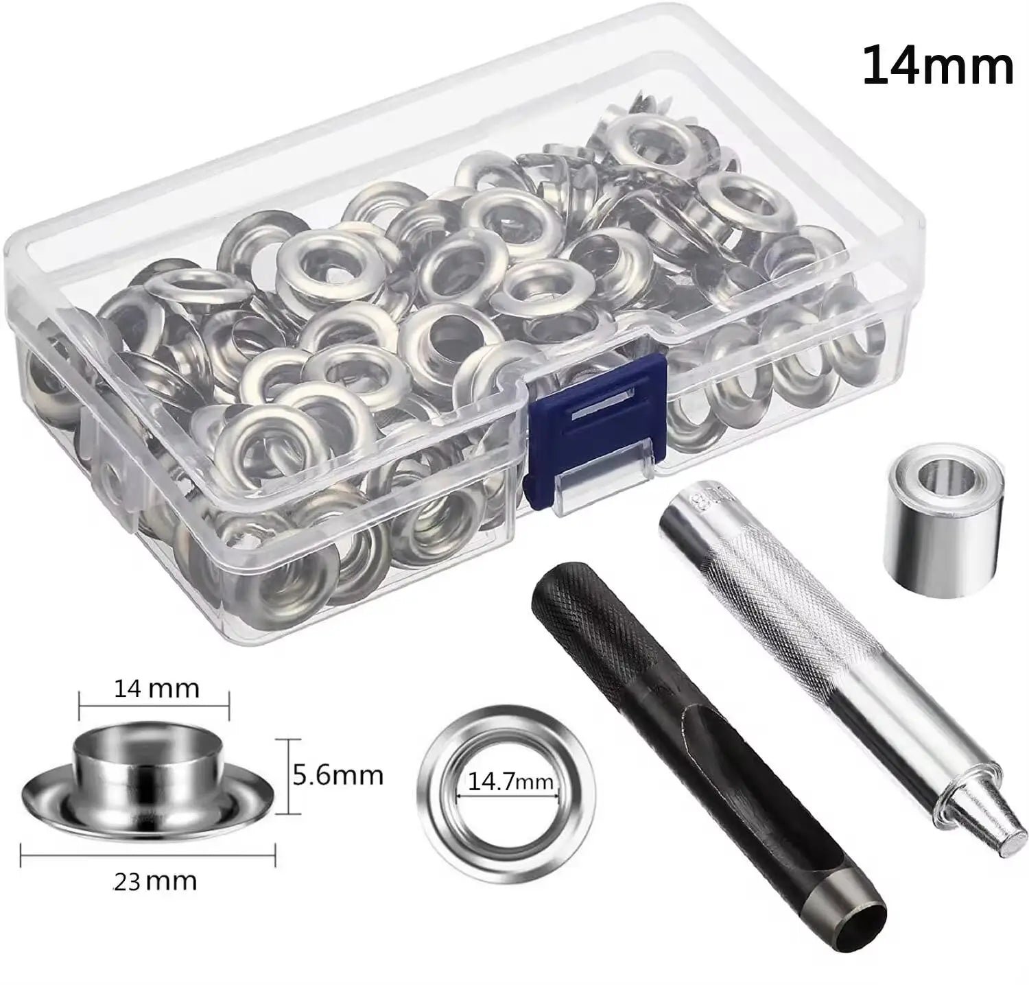100 Sets Grommet Kit, Size 6/10/12/14Mm, with 3 Eyelet Stamping Tools, for Repairing Canvas, Waterproof Cloth, Shoes, Clothing.